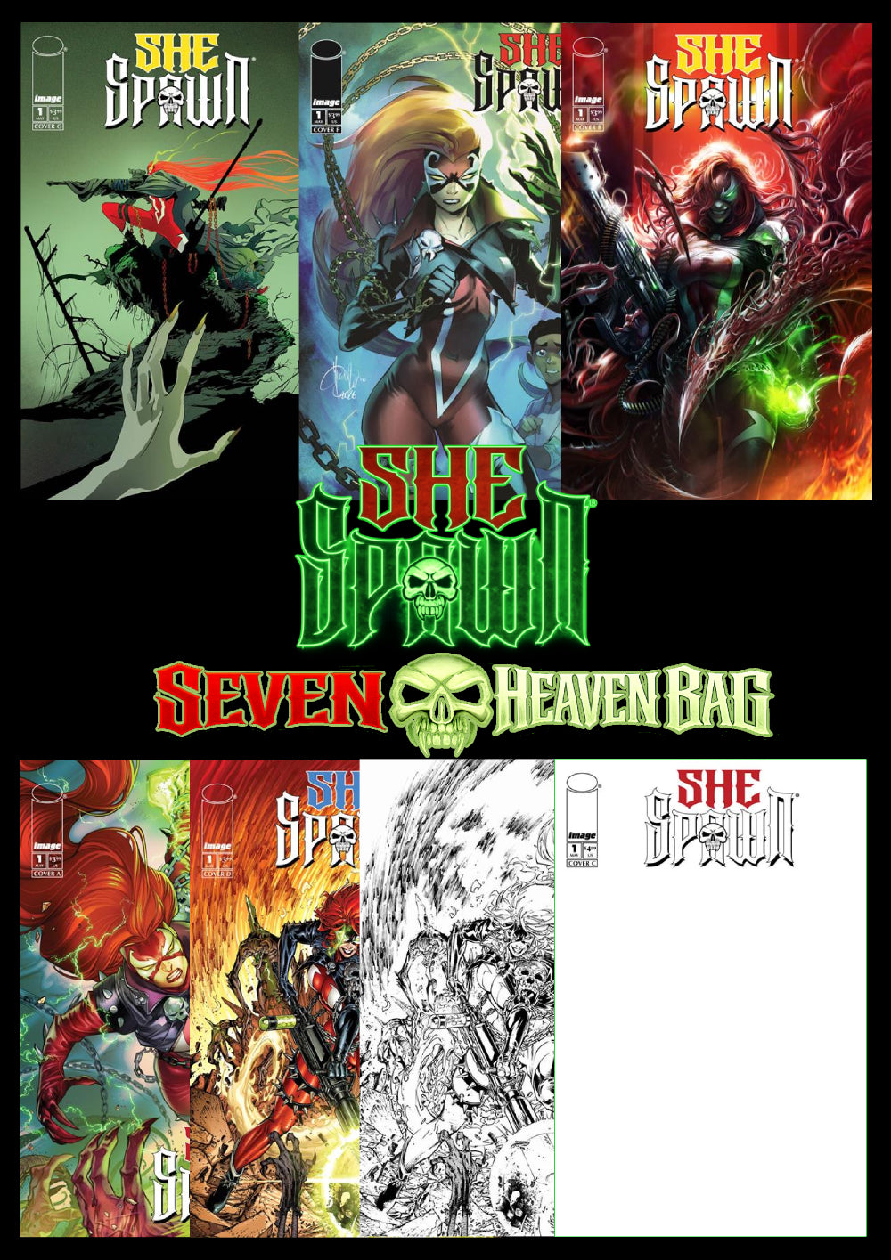 SHE-SPAWN #1 SEVEN HEAVEN BAG (ALL 7 REGULAR COVERS) PLUS EXTRAS